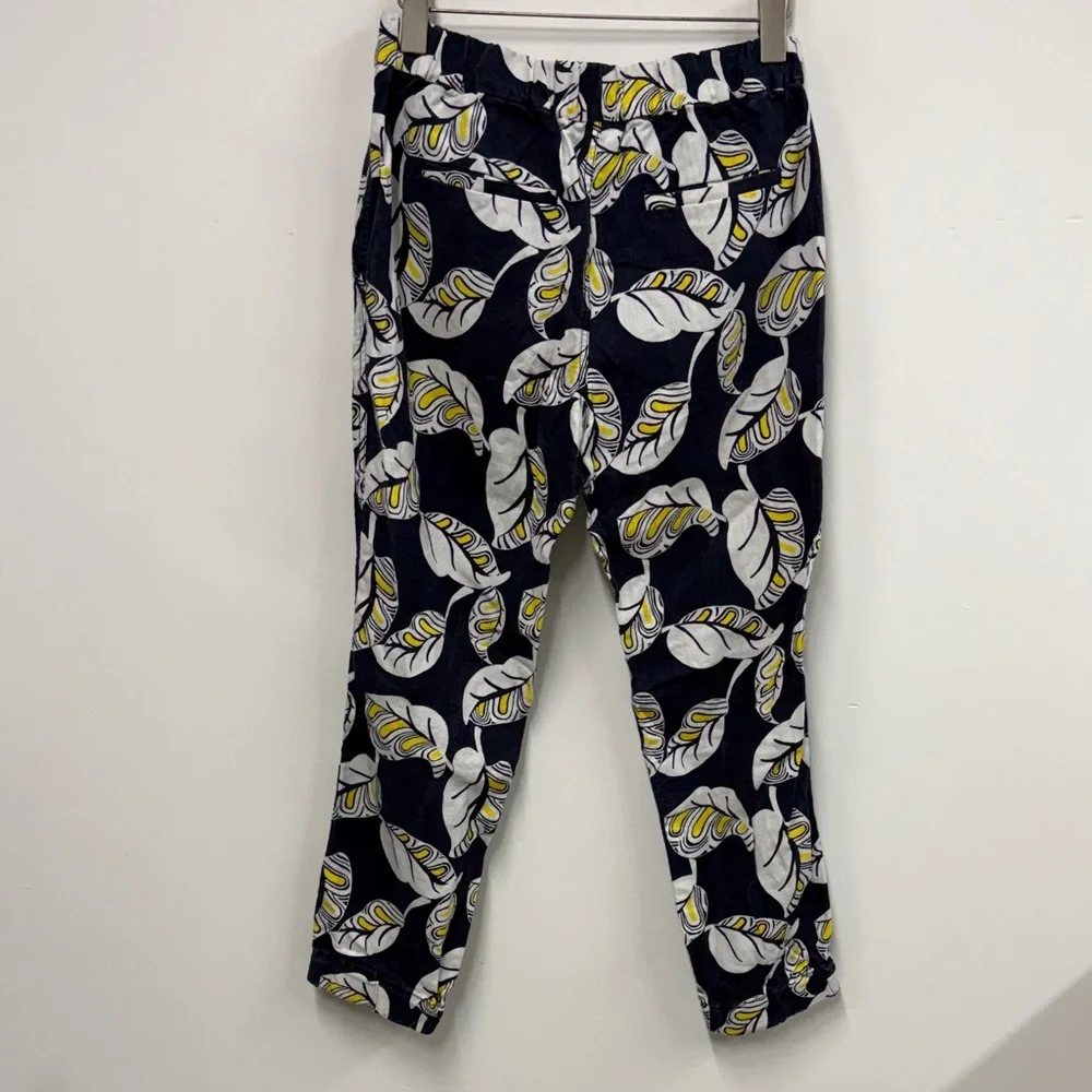 J.Crew Seaside pant in a navy blue, white, and yellow leaf print linen blend 2